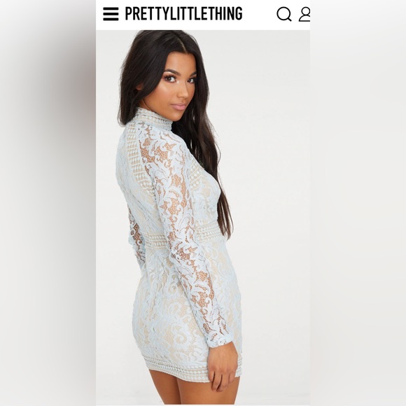 SOLD NWT$68 PrettyLittleThing Nude Baby Blue Lace Bodycon Dress - Picture 4 of 13